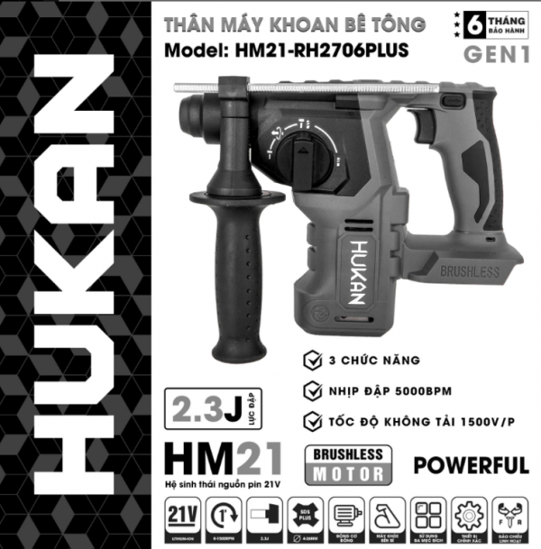 Thân máy khoan bê tông pin 3 chức năng 21V Hukan HM21-RH2706Plus không chổi than mới nhất