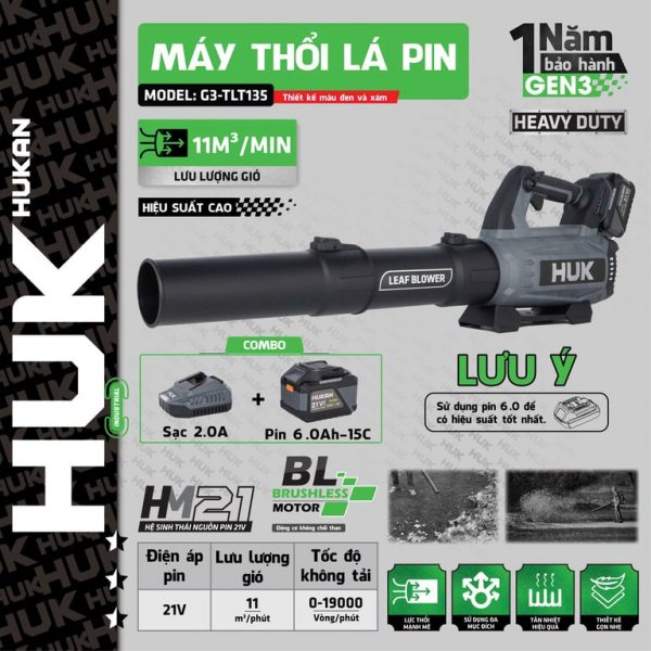 Máy thổi lá DÙNG PIN 21V Hukan (GEN 3) G3-TLT135