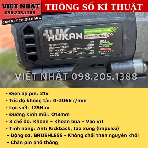 Máy khoan 21V Hukan 13MM ( có khóa trục ) G3- Z1800 - Ảnh 3
