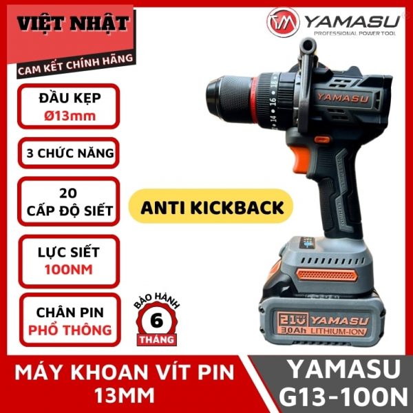 Máy khoan pin 13 ly Yamasu G13-100N (màu xám)