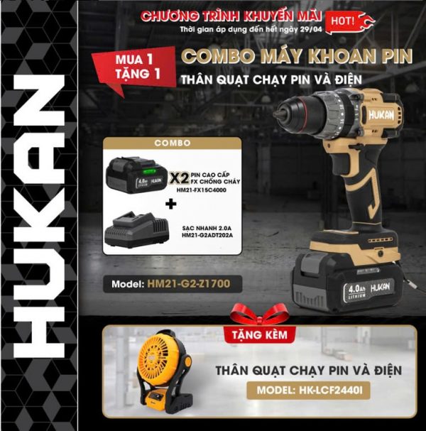 Máy khoan pin Hukan HM21- G2- Z1700 màu sữa