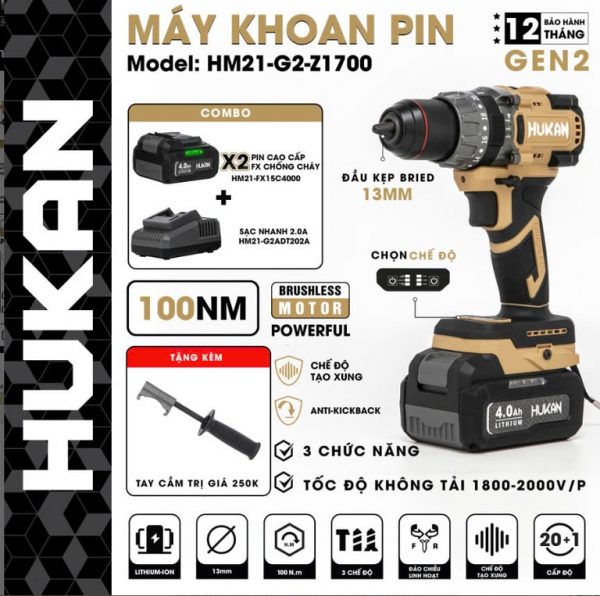 Máy khoan pin Hukan HM21- G2- Z1700 màu sữa - Hình ảnh 2