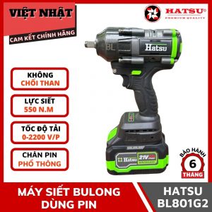 Máy siết bu lông pin hatsu BL801G2, lực siết 550N, chân pin phổ thông, động cơ không chổi than