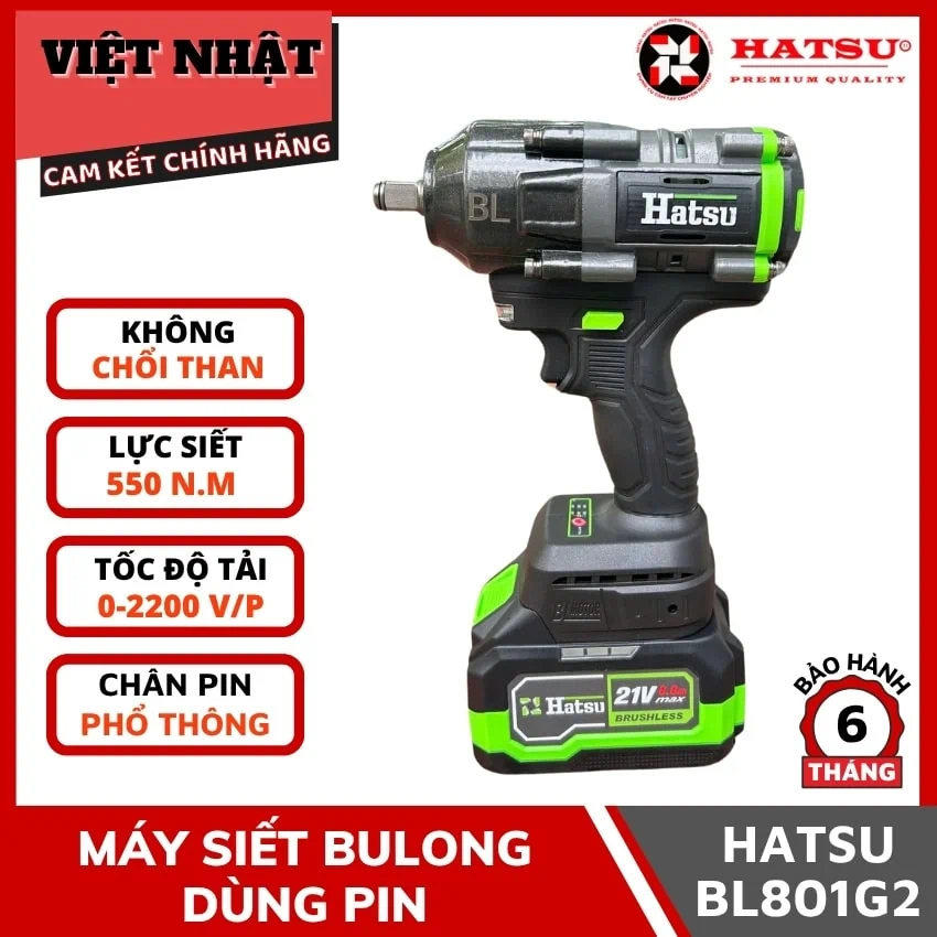 Máy siết bu lông pin hatsu BL801G2, lực siết 550N, chân pin phổ thông, động cơ không chổi than 1 4