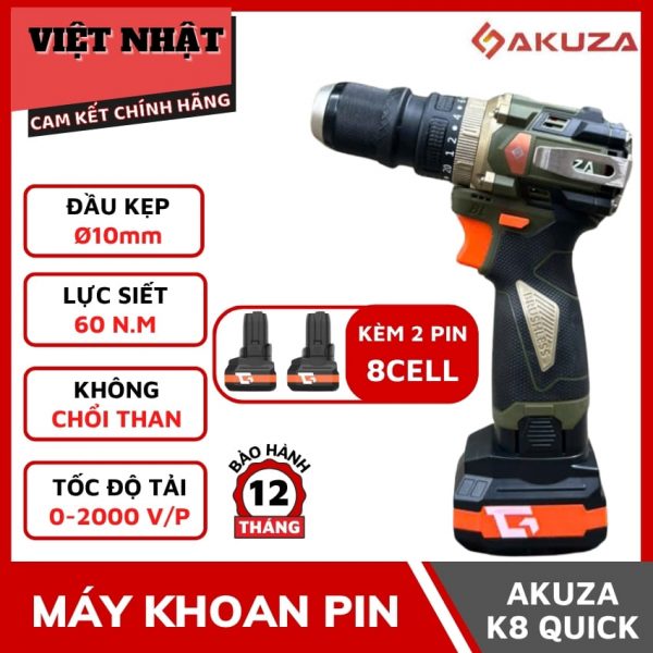 Máy Khoan Pin AKUZA K8 QUICK Đầu 4 trong 1, kèm 2 pin lớn 8cell, không chổi than