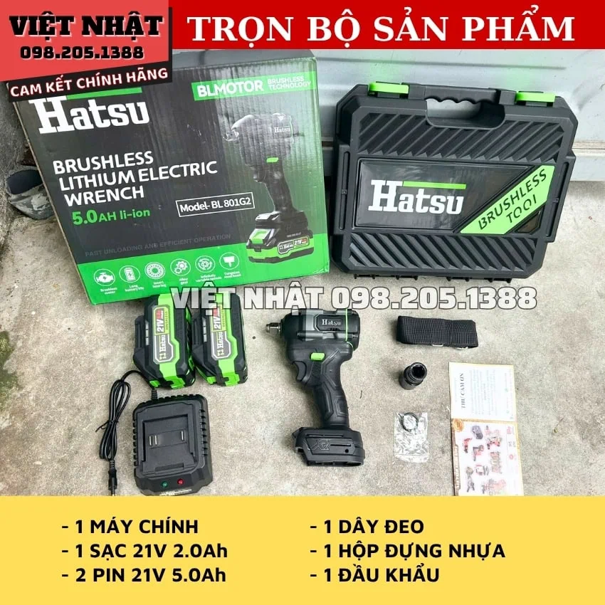 Máy siết bu lông pin hatsu BL801G2, lực siết 550N, chân pin phổ thông, động cơ không chổi than 2 4