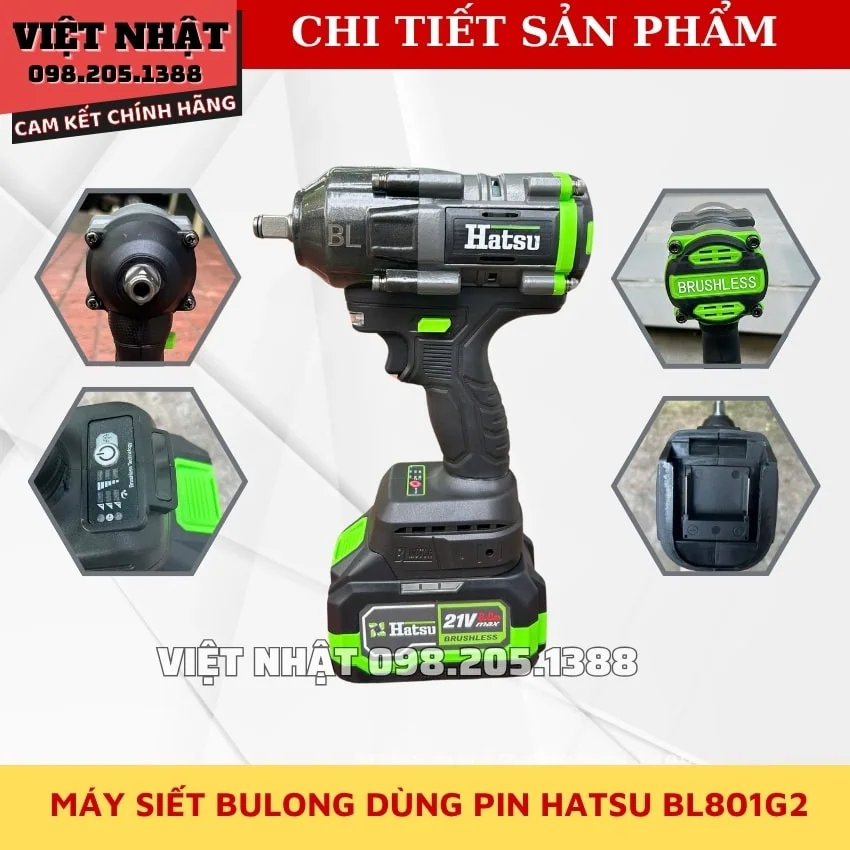Máy siết bu lông pin hatsu BL801G2, lực siết 550N, chân pin phổ thông, động cơ không chổi than 7 4