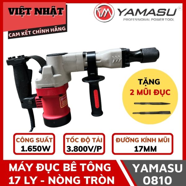 Máy đục bê tông 17 li Yamasu 0810 nòng tròn chính hãng, công suất 1.650W - Tặng kèm 2 mũi đục và 1 cặp chổi than - Điện máy Việt Nhật