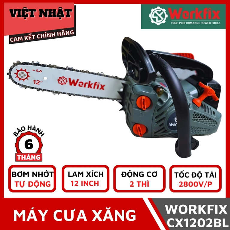 Máy cưa xích chạy xăng 25cc Workfix WF-CX1202BL, động cơ 2 thì 1 9