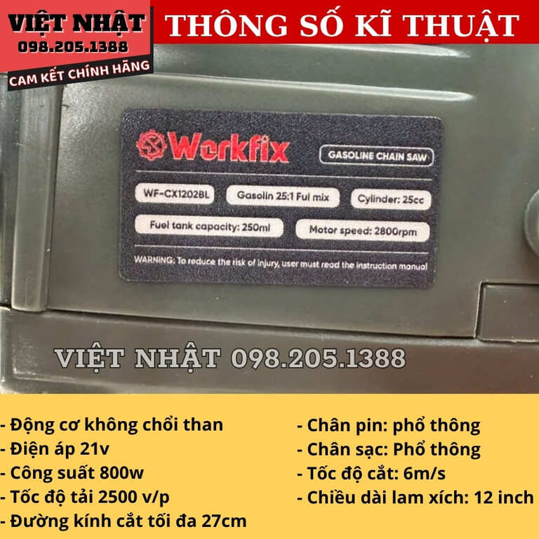 Máy cưa xích chạy xăng 25cc Workfix WF-CX1202BL, động cơ 2 thì 4 9