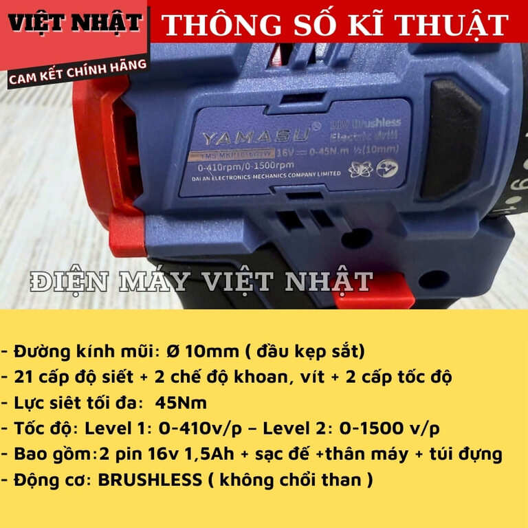 Máy khoan vít pin Yamasu YMS-MKP1016G2W, lực siết 45N.M-Điện Máy Việt Nhật 4 8