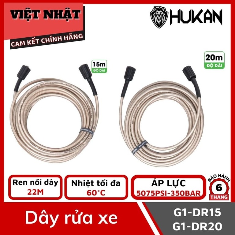 Dây rửa xe Hukan G1-DR15, G1-DR20 ren nối dây 22m, nhiệt độ 60 độ C, áp lực 5075PSI-350BAR, bảo hành 6 tháng 1 107