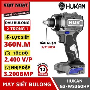 Thân máy siết bulong HUK G3-WS360HP,lực siết tối đa 360N.m,tốc độ không tải 2400V/p,nhịp đập 3200IPM,đầu 2 trong 1,động cơ không chổi than
