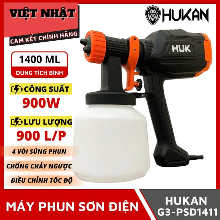 Máy phun sơn điện Hukan G3-PSD1411, dung tích bình 14ML, công suất 900w, 4 vòi súng phun 1 25