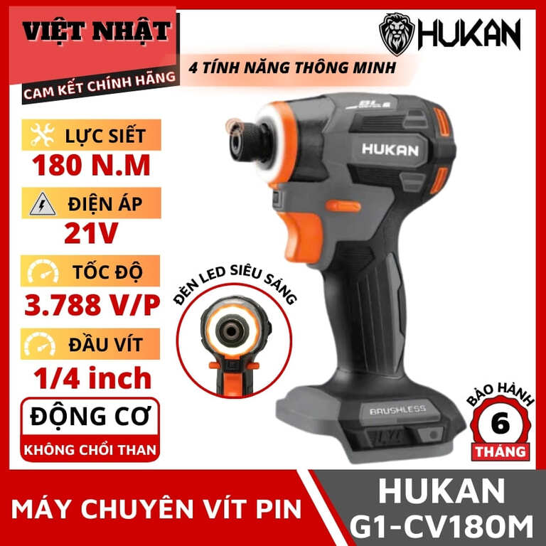 Máy chuyên vít HUKAN G1-CV180M, lực siết 180Nm,4 tính năng thôn minh,tốc độ tải lên đến 3788V/p, chân phổ thông,bảo hành 6 tháng 1 28