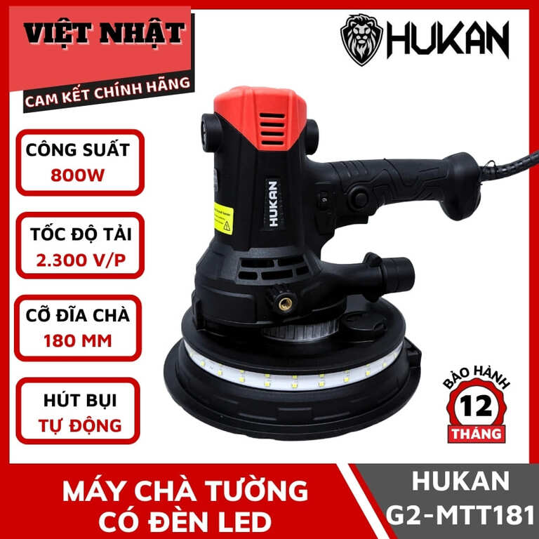 Máy chà tường có đèn led Hukan G2-MTT181, công suất 800w, tốc độ tải 2300v/p, cỡ đĩa chà 180mm, hút bụi tự động 1 67