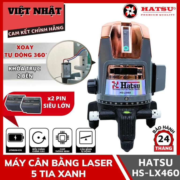 Máy cân bằng laser 5 tia xanh Hatsu HS-LX460 khoá trục 2 bên 1 85