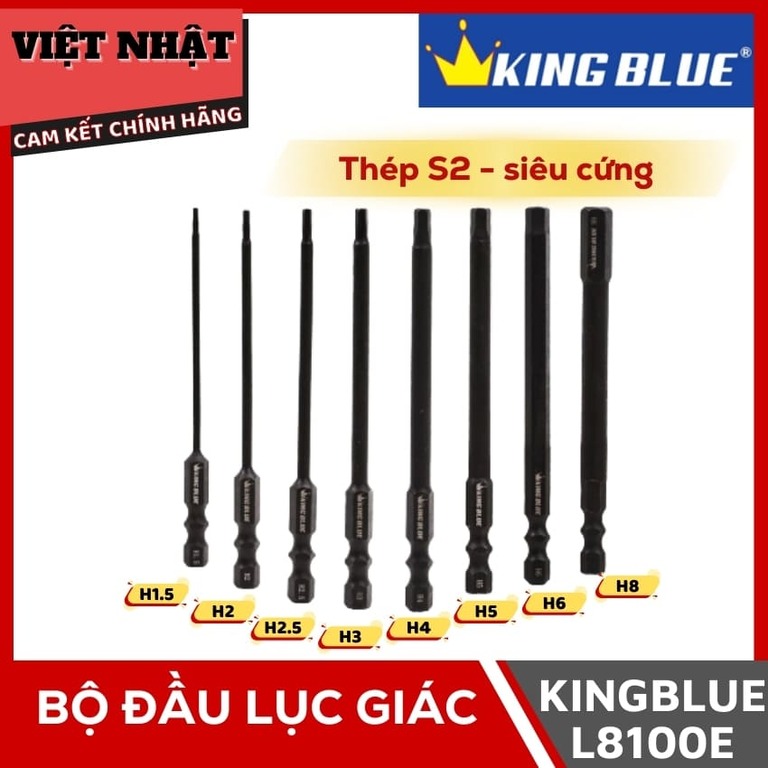 Bộ đầu lục giác Kingblue L8100E, kích thước H1.5-H8, sử dụng thép S2 1 9