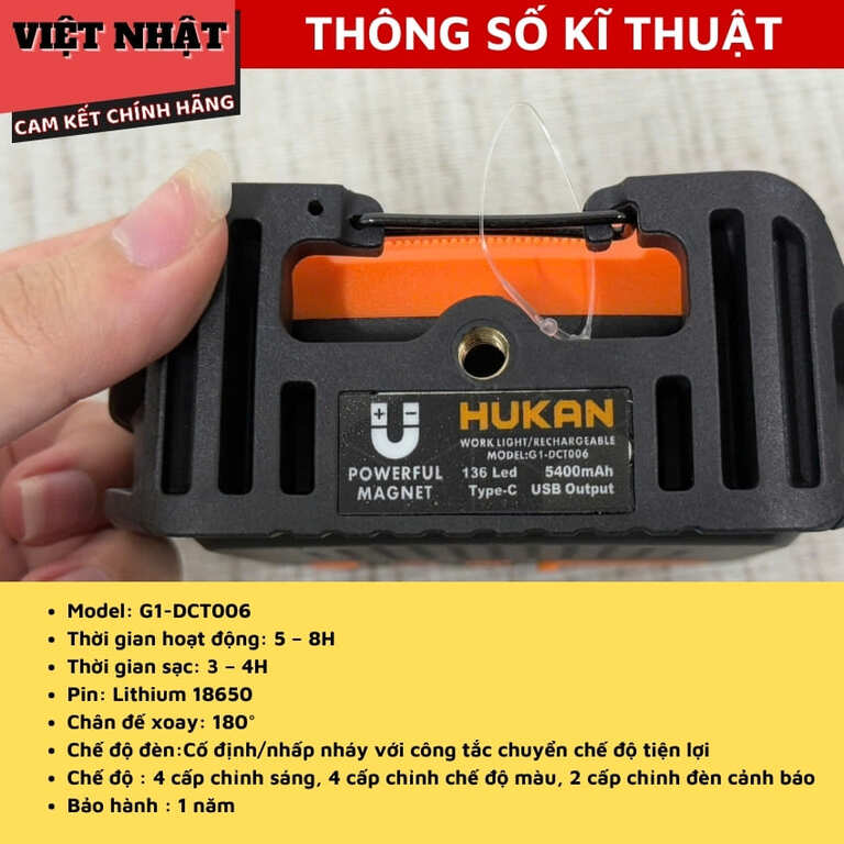 Đèn Led Hukan G1-DCT006, Cổng sạc Type-C, đầu ra USB, đông 6-8h liên tục, hàng chính hãng tại Điện máy Việt Nhật 3 102