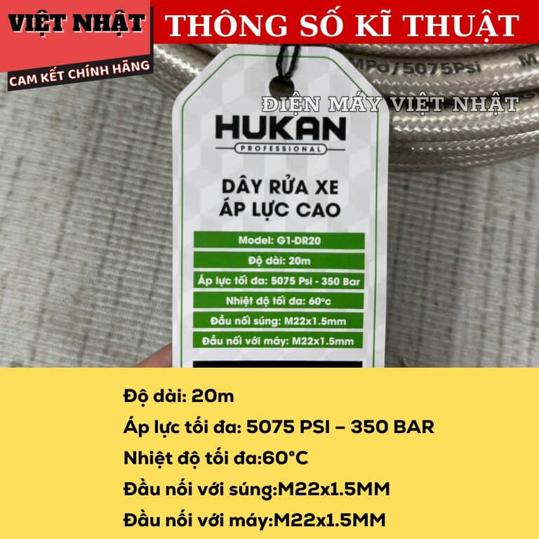 Dây rửa xe Hukan G1-DR15, G1-DR20 ren nối dây 22m, nhiệt độ 60 độ C, áp lực 5075PSI-350BAR, bảo hành 6 tháng 4 107