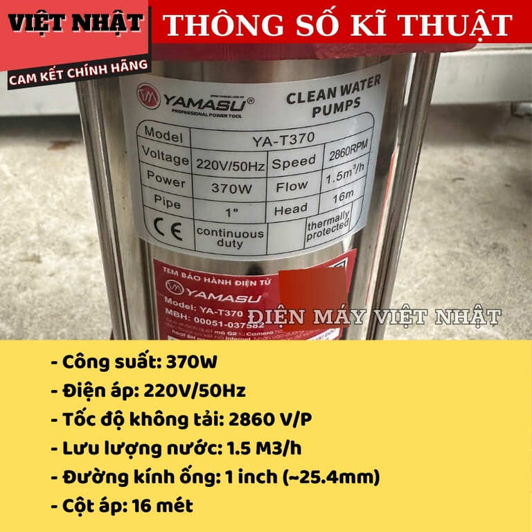 Máy bơm thả chìm nước sạch thân inox Yamasu YA-T370 có chắn rác inox, công suất 370w, cột áp 16m, đường kính 25.4mm 4 110