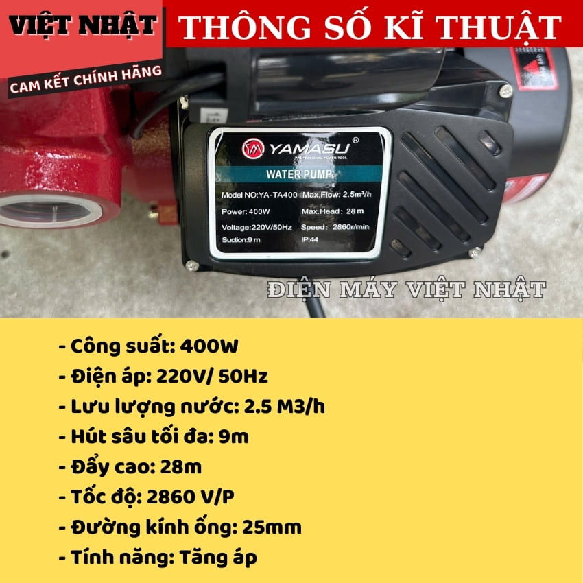 Máy bơm nước tăng áp Yamasu YA-TA400 đẩy cao tới 28m, công suất 400w, chống nước IP65, tốc độ quay 2850RPM 4 112