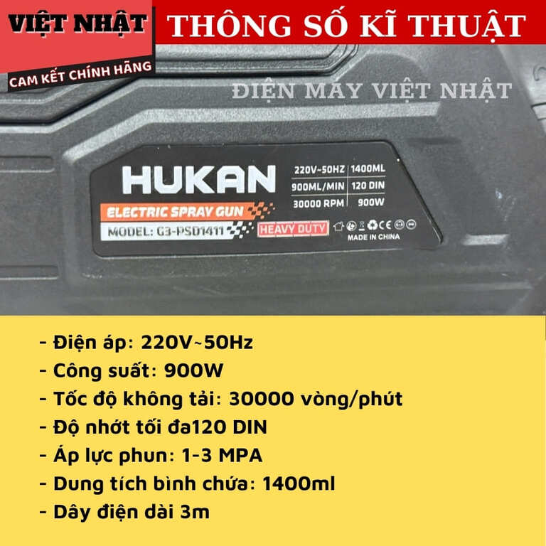 Máy phun sơn điện Hukan G3-PSD1411, dung tích bình 14ML, công suất 900w, 4 vòi súng phun 4 25