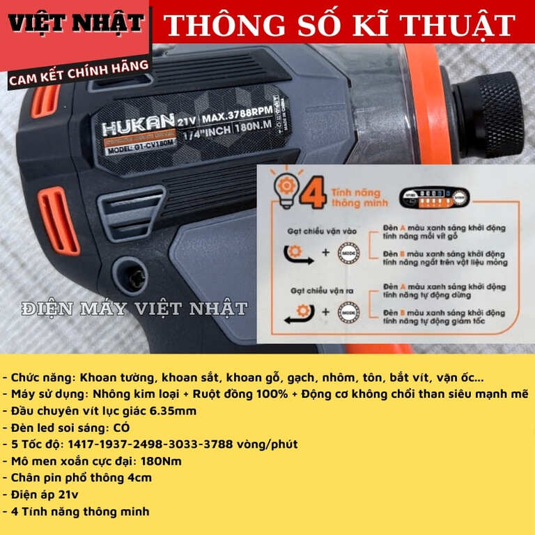 Máy chuyên vít HUKAN G1-CV180M, lực siết 180Nm,4 tính năng thôn minh,tốc độ tải lên đến 3788V/p, chân phổ thông,bảo hành 6 tháng 4 28