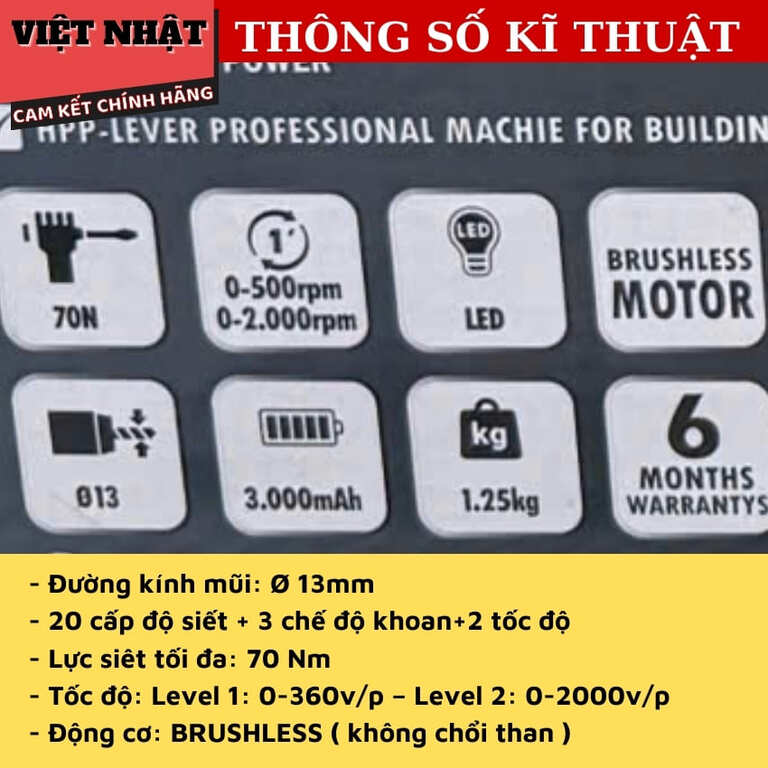 Máy khoan pin Yamasu YMS-M1370PRO dộng cơ không chổi than, bảo hành 6 tháng, lực siết 70N.m, tốc độ 2000v/p 4 50