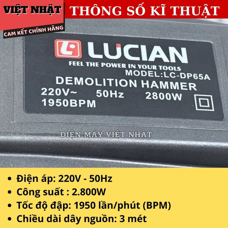 Máy đục bê tông Lucian LC-DP65A, công suất 2.800w, tốc độ đập 1950BPM, bảo hành 6 tháng 4 64
