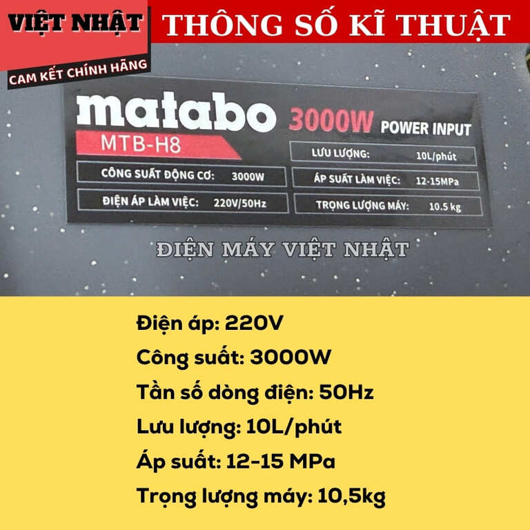 Máy rửa xe Matabo MTB-H8 có át chống giật, công suất 3000w, lưu lượng 10 lít/ phút, bảo hành 8 tháng 4 66