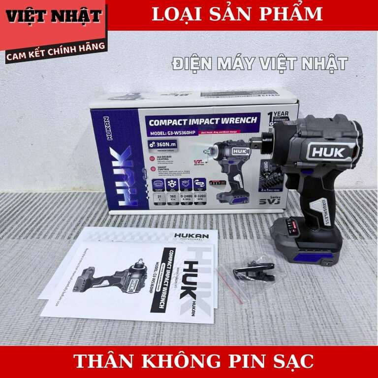 Thân máy siết bulong HUK G3-WS360HP,lực siết tối đa 360N.m,tốc độ không tải 2400V/p,nhịp đập 3200IPM,đầu 2 trong 1,động cơ không chổi than 9 8