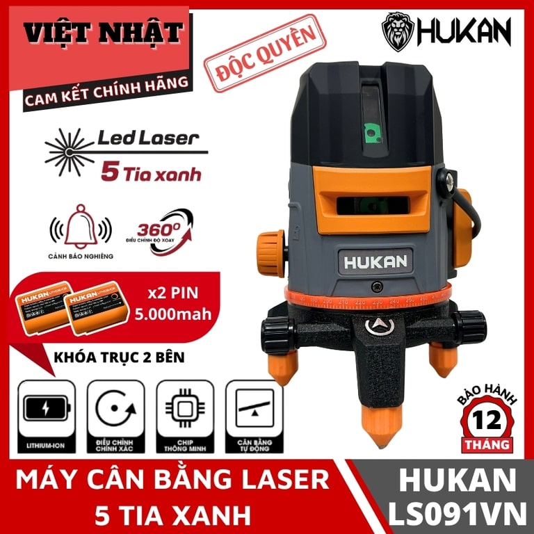 Máy cân bằng laser 5 tia xanh Hukan LS091VN khóa trục 2 bên Máy cân bằng laser 5 tia xanh Hukan LS091VN khóa trục 2 bên