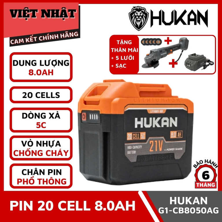 Combo Hukan G1-CB8050AG 20Cells 8.0Ah + sạc 1.5AH, tặng ngay thân máy mài G1-AG6101J, chân phổ thông 1 10
