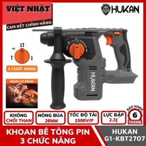 Khoan bê tông 3 chức năng Hukan G1-KBT2707, không chổi than, nòng búa 26mm, tốc độ tải 1500v/p, lực đập 2.3J
