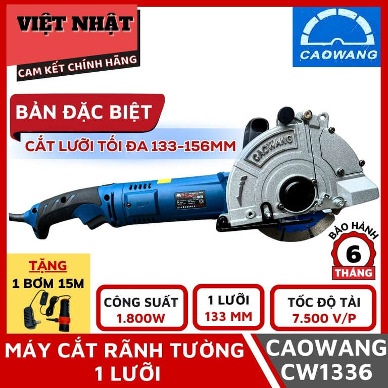 Máy cắt rãnh tường 1 lưỡi Caowang CW1336 bản nâng cấp có thể lắp lưỡi 156,Công suất: 1800W, Điện áp : 220V, Tốc độ vòng quay: 7500vòng/phút, lưỡi 156 cắt sâu: 50mm 1 8