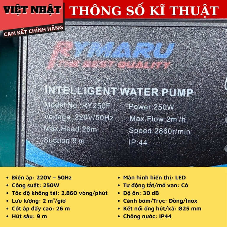 Máy bơm nước tăng áp Rymaru RY-250F bảo hành 12 tháng, đẩy cao 26m, công suất 250w, hút sâu 9m 4 16