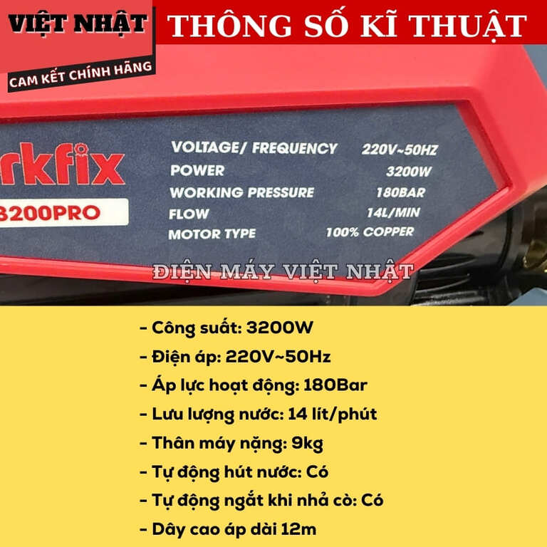 Máy rửa xe điện Workfix CWR300PRO công suất 3200w, áp lực 18bar, bảo hành 12 tháng, sử dụng motor lõi đồng 4 32