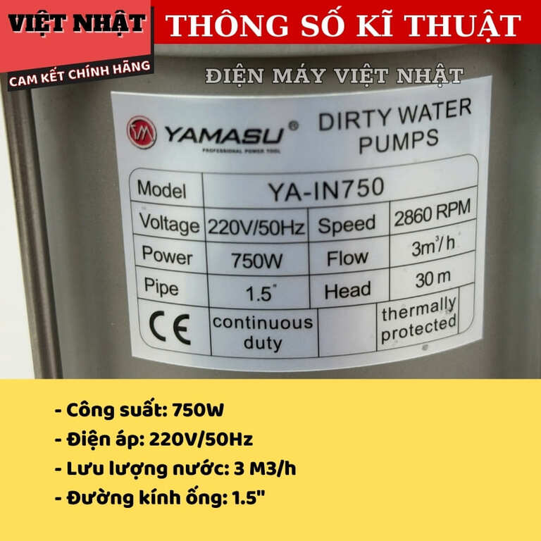Máy bơm thả chìm nước thải cắt rác Yamasu YA-IN750, công suất 750w, cột áp 22m, lưu lượng 3 m3/h, tốc độ 2860rpm 4