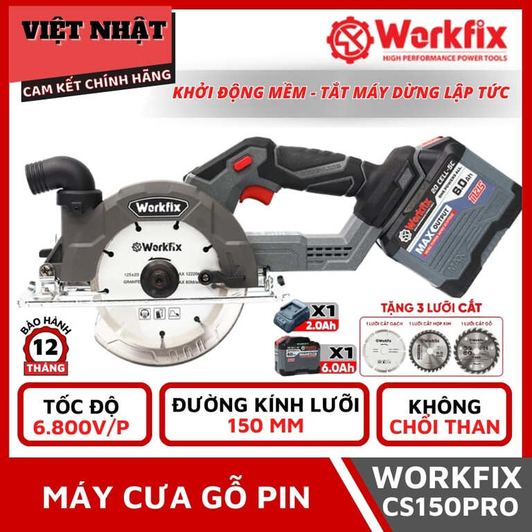 Máy cưa gỗ Workfix CS150PRO động cơ không chổi than, đường kính lưỡi 150mm, tốc độ tải 6800v/p 1 1
