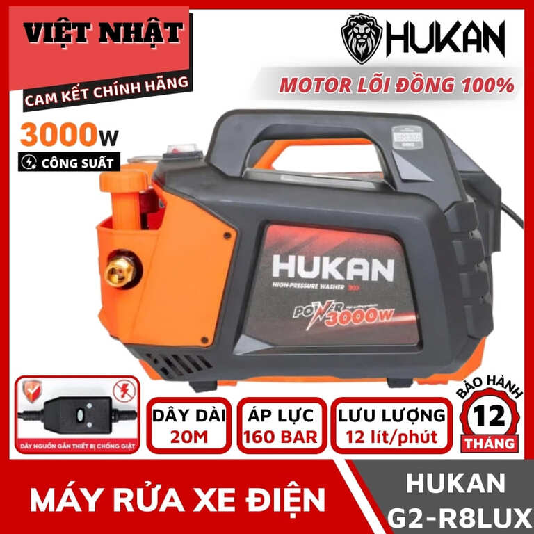Máy rửa xe Hukan G2-R8LUX sử dụng motor lõi đồng, công suất 3000w, áp lực 160bar, lưu lượng 12 lít/ phút 1 11