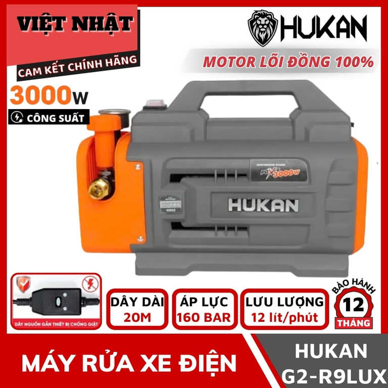Máy rửa xe điện Hukan G2-R9LUX bảo hành 12 tháng, cống suất 3000w, lưu lượng 12 lít/ phút, áp lực 160 bar 1 12