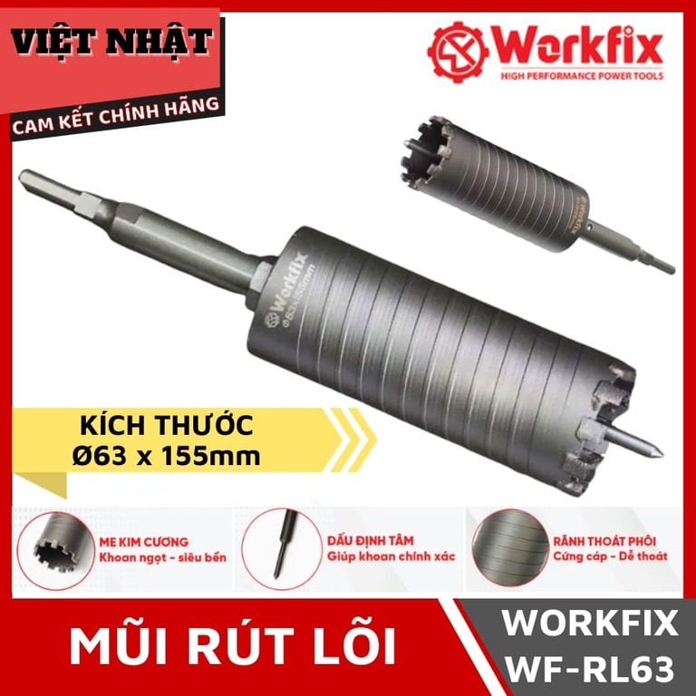 Mũi rút lõi Workfix WF-RL63 kích thước 63x155mm, me kim cương khoan ngọt siêu bền, đầu định tâm giúp khoan chính xác 1 17