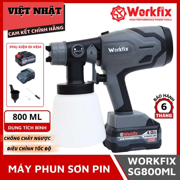 Máy Phun Sơn WORKFIX SG800ML , Đầu Béc 2.5mm, Bình Chứa 800ml Kèm Cốc Đo Độ Nhớt Kim Vệ Sinh 1 20