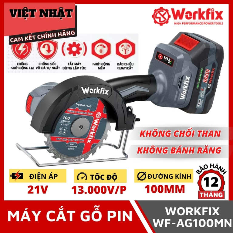 Máy cắt mini Workfix WF-AG100MN, tốc độ 13000v/p, đường kính 100mm, động cơ không chổi than, bảo hành 12 tháng 1 6