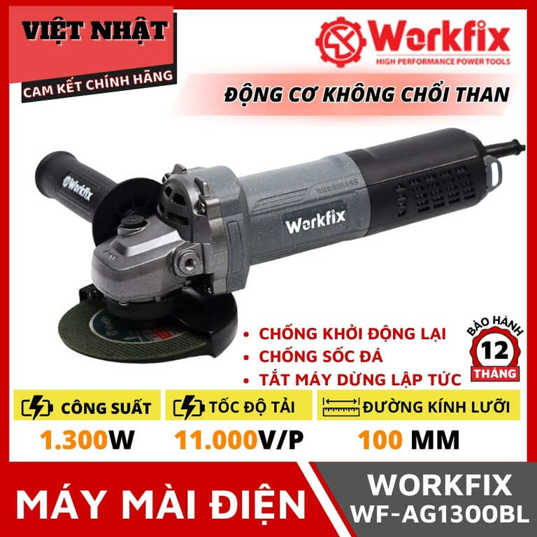 Máy mài điện Workfix WF-AG1300BL, công suất 1300w, tốc độ tải 11000v/p, đường kính lưỡi 100mm, bảo hành 12 tháng 1 7