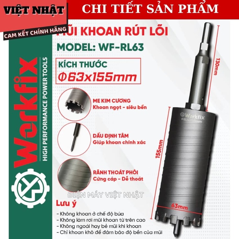 Mũi rút lõi Workfix WF-RL63 kích thước 63x155mm, me kim cương khoan ngọt siêu bền, đầu định tâm giúp khoan chính xác 3 17