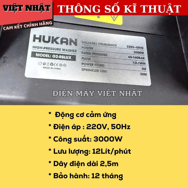 Máy rửa xe Hukan G2-R8LUX sử dụng motor lõi đồng, công suất 3000w, áp lực 160bar, lưu lượng 12 lít/ phút 4 11