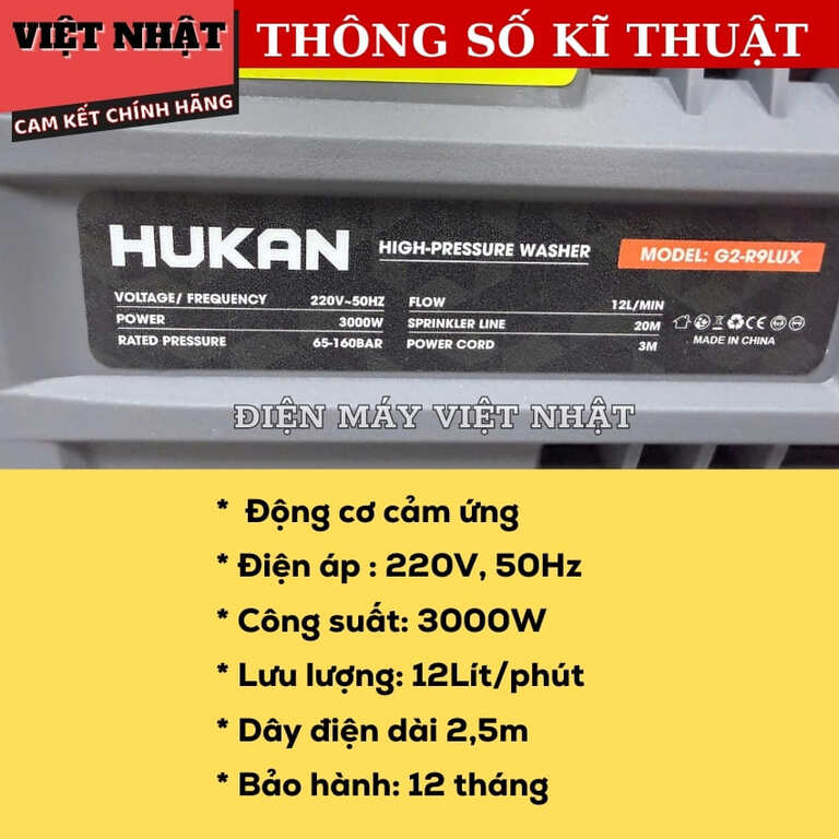 Máy rửa xe điện Hukan G2-R9LUX bảo hành 12 tháng, cống suất 3000w, lưu lượng 12 lít/ phút, áp lực 160 bar 4 12