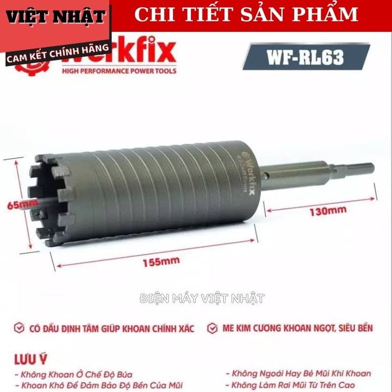 Mũi rút lõi Workfix WF-RL63 kích thước 63x155mm, me kim cương khoan ngọt siêu bền, đầu định tâm giúp khoan chính xác 4 17
